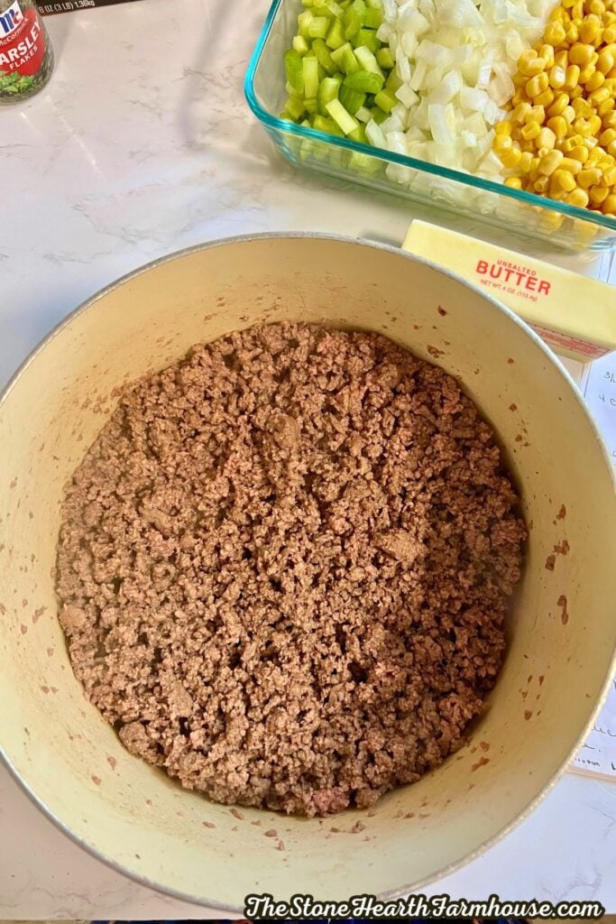 cooked ground beef in a pot.