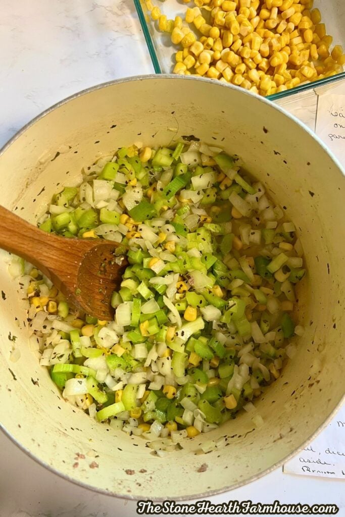 celery, onion cooked in butter in a large pot.