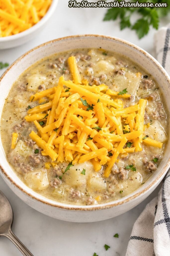 creamy potato cheeseburger soup in a bowl with shredded cheddar on top!