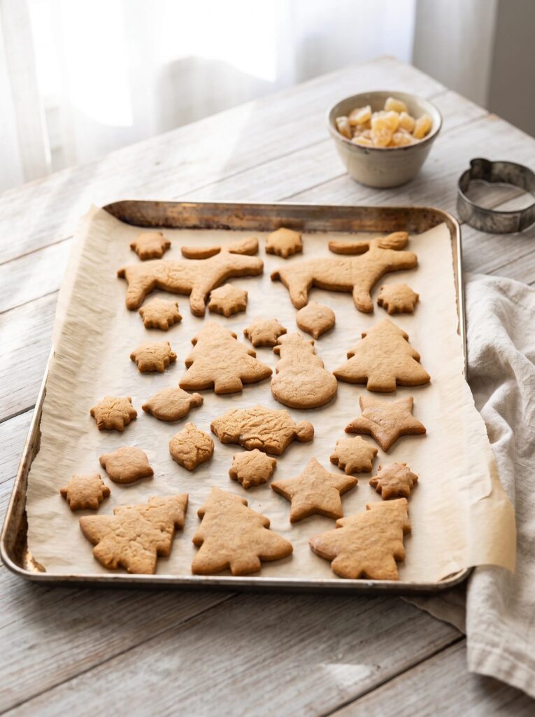 Ginger spice sugar cookies cut into trees, stars, reindeer and a snowman, cooling on a parchment-lined baking sheet beside candied ginger