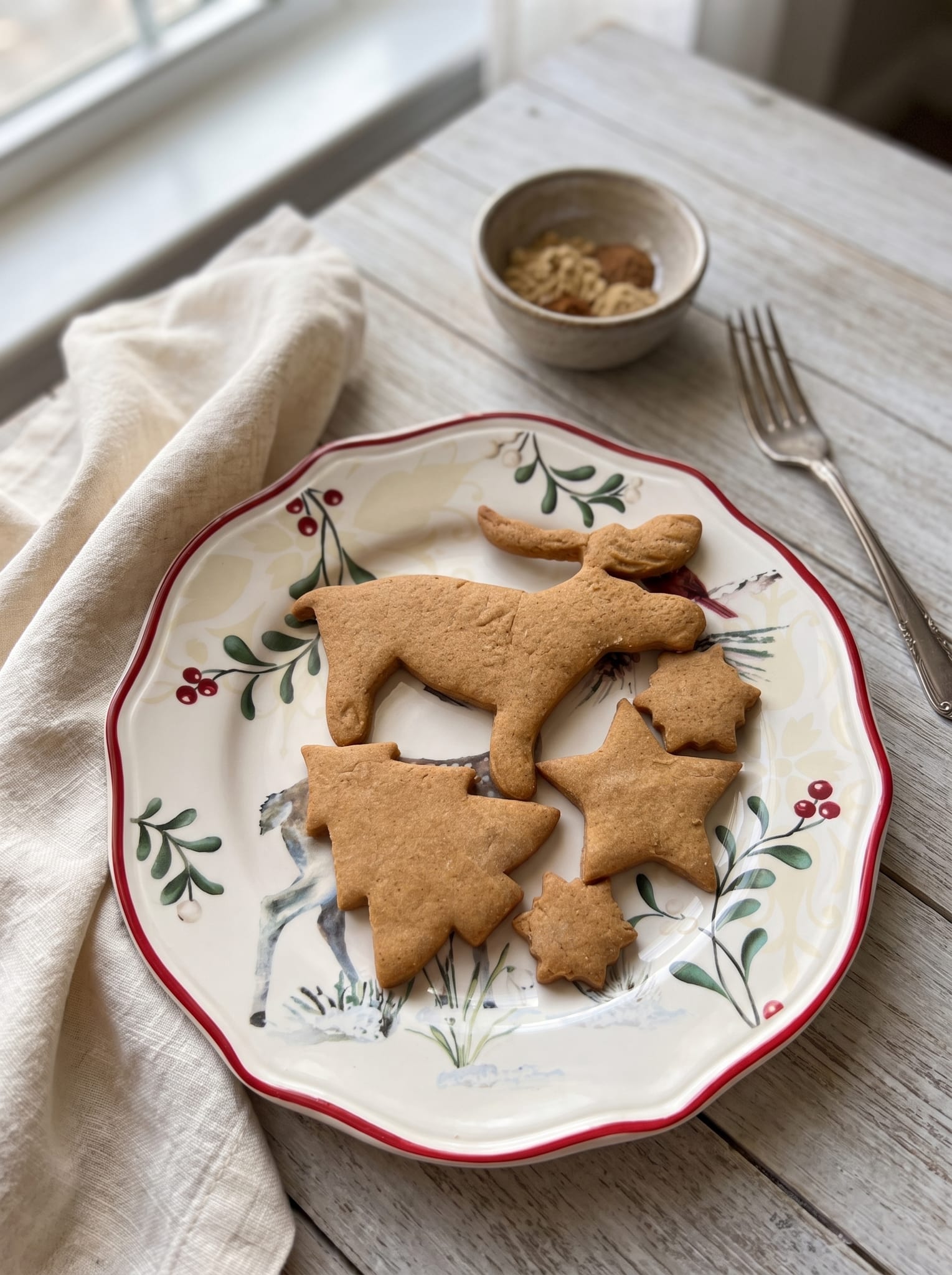Ginger spice sugar cookies shaped like a moose, tree and stars on a holiday plate beside a small bowl of spices