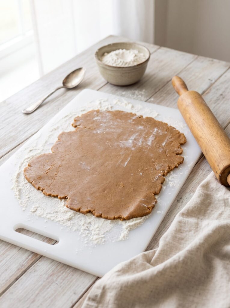 Rolled-out ginger spice sugar cookie dough on a floured white cutting board beside a wooden rolling pin and a bowl of flour