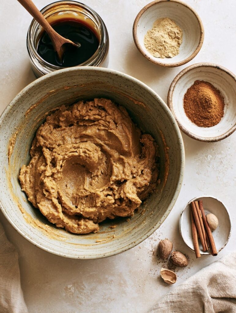 Overhead view of ginger spiced sugar cookie dough in a stoneware bowl beside molasses, ground ginger, cinnamon, cinnamon sticks and whole nutmeg