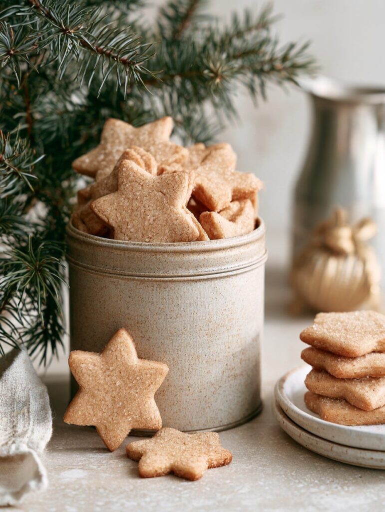 Star-shaped ginger spiced sugar cookies piled in a rustic tin beside evergreen branches, with a few cookies stacked on a small plate