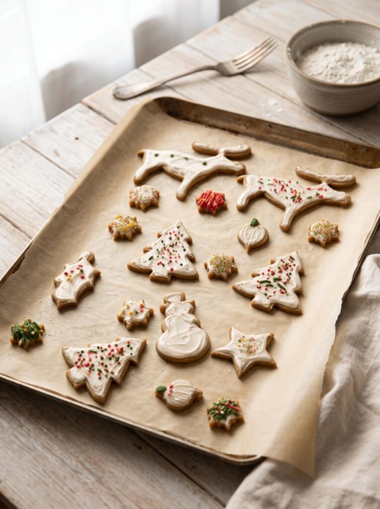 Iced gingerbread cookies shaped like reindeer, trees, a snowman and stars with sprinkles, cooling on a parchment-lined baking sheet.