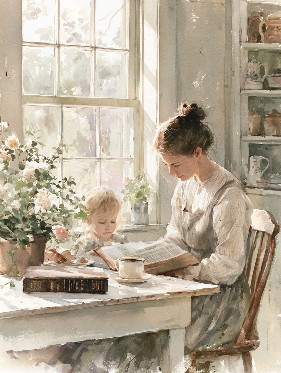 Watercolor of a mother reading an open Bible at a sunlit table beside her toddler, with a teacup and flowers.