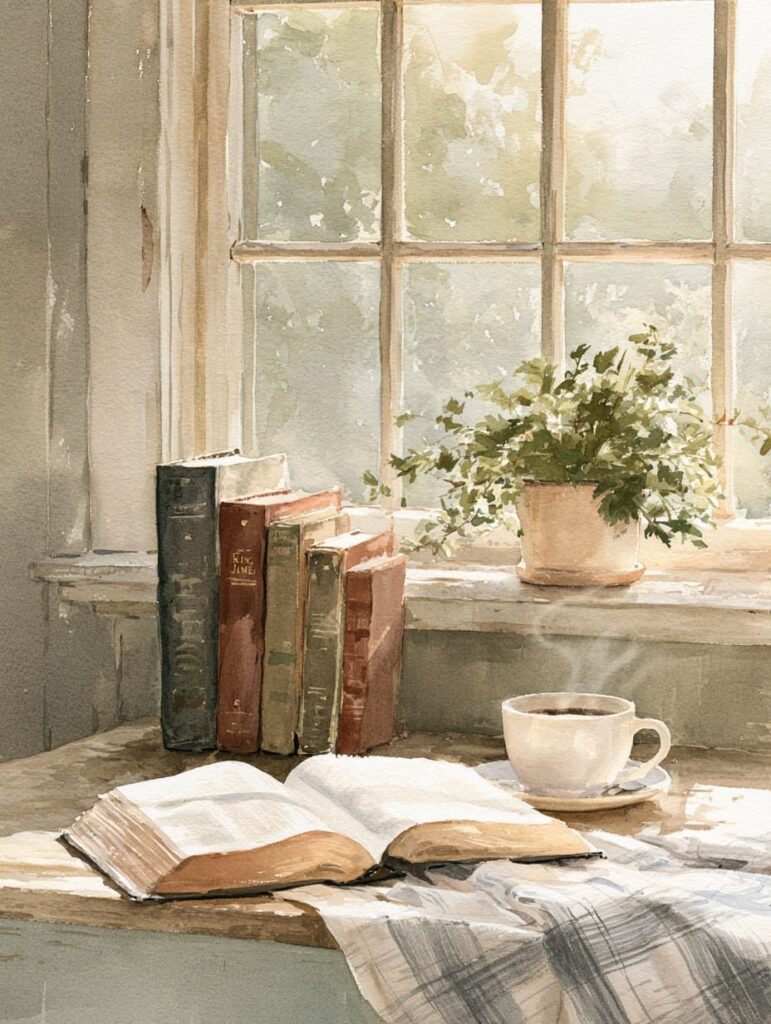 Watercolor of an open Bible and a row of books beside a steaming cup of tea and a potted plant at a sunlit window