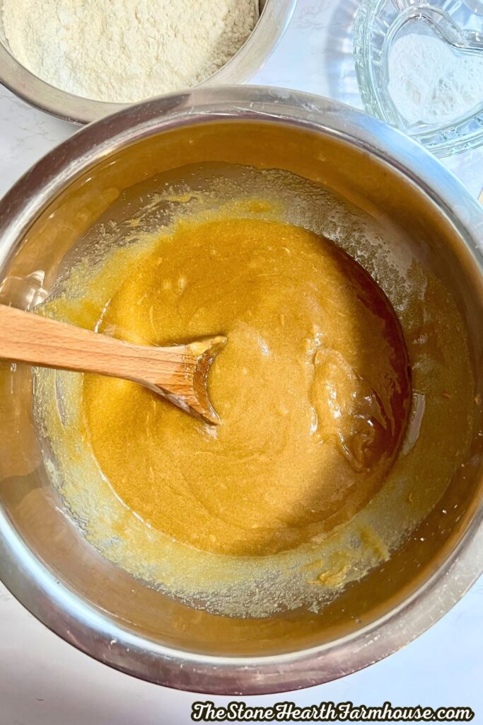 all the wet ingredients mixed in a bowl.