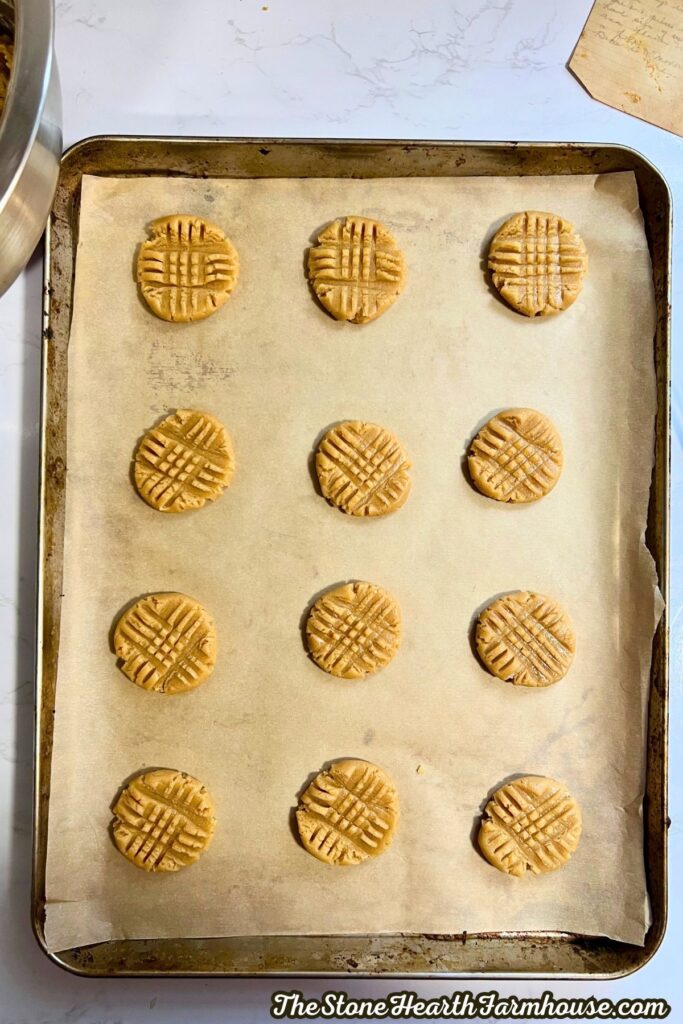 classic peanut butter cookies with fork criss cross design ready to bake.