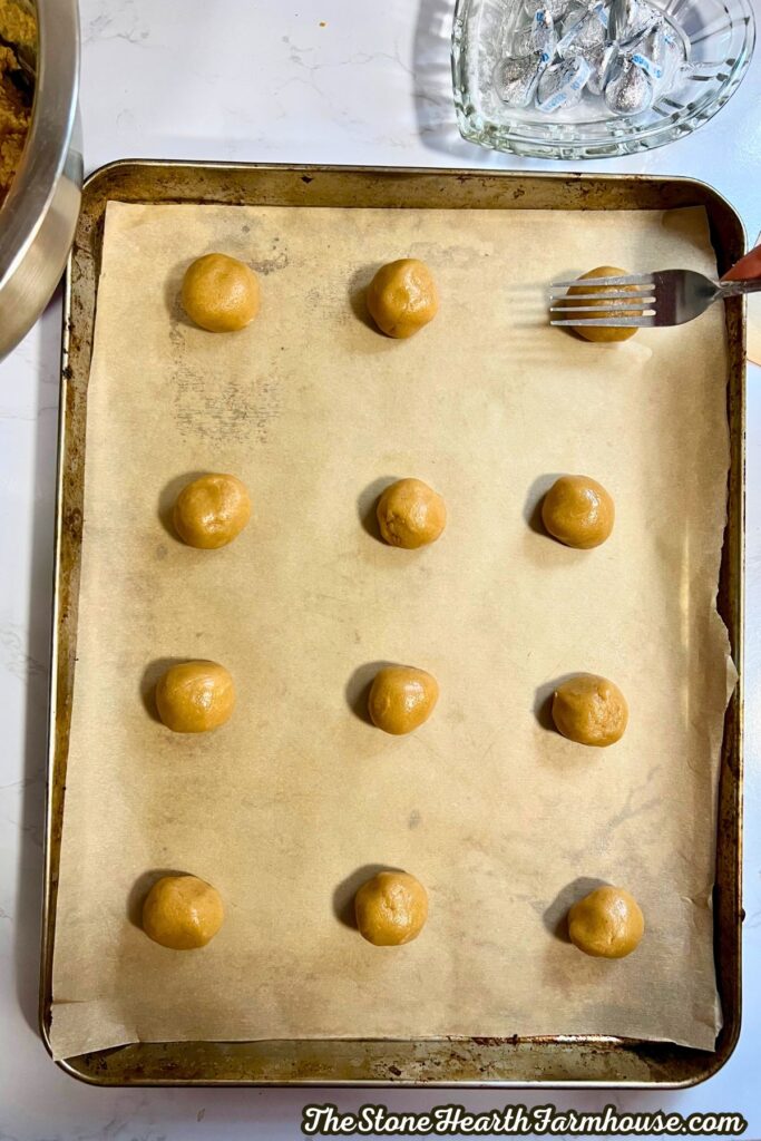 pressing a fork to make the pattern design for classic cookies.