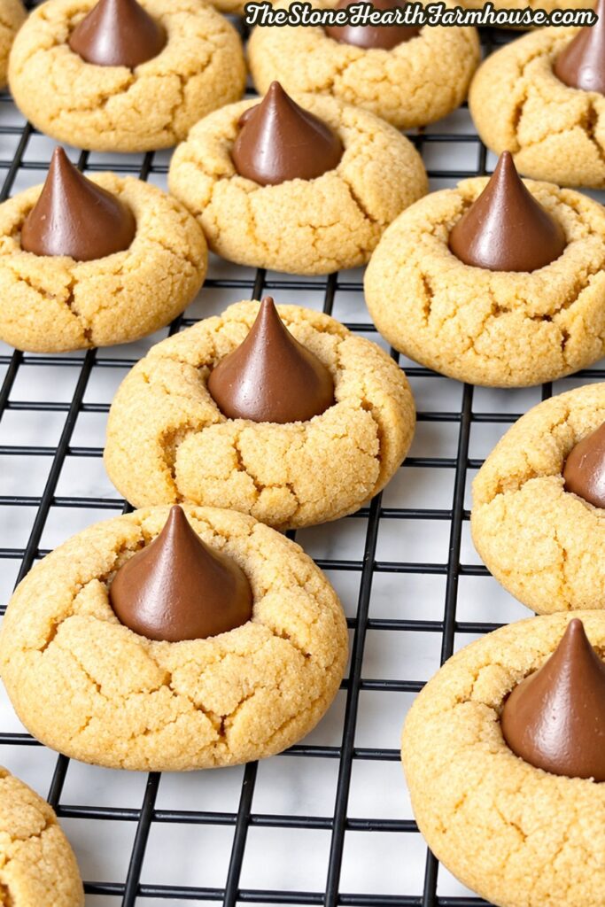 peanut butter blossom Christmas cookies on a cooling rack!