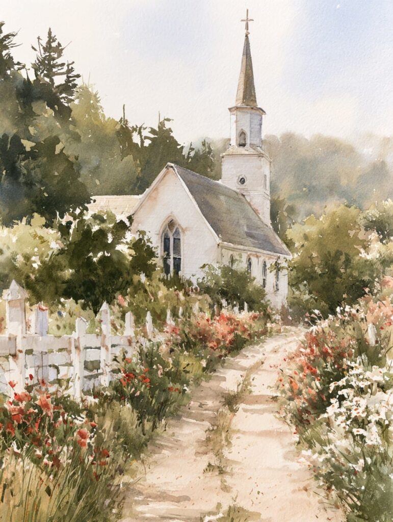 Watercolor of a white country church with a steeple at the end of a dirt path lined with red and white wildflowers